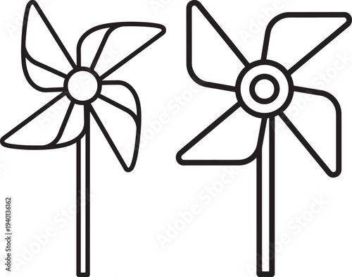 Simple Outline Icons of Two Pinwheel Toys on Sticks, Isolated on White Background, Minimalist Design