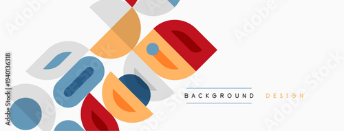 Abstract geometric shapes overlap, creating modern design. Soft colors, simple forms, background elements present.