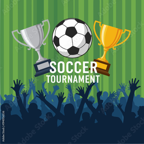 Soccer tournament with trophies and cheering crowd illustration.