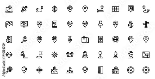 Location icon set. Vector GPS and navigation symbols. Includes maps, pins, routes, compass, targets, flags, signs, and more. Editable stroke icons.