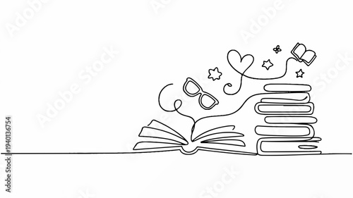 Stack of books with sprouting plant and symbols representing growth and knowledge in a simple line drawing style on a white background