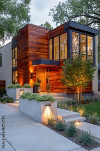 Modern house with wooden design and glass windows located in a residential area during evening hours showcasing outdoor lighting and landscaping details