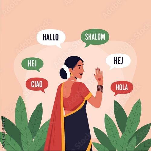Woman speaking multiple languages with greetings in speech bubbles.