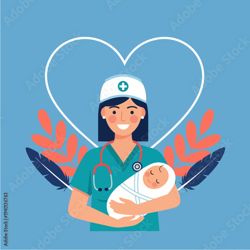 Nurse holding a newborn baby with a heart symbol.