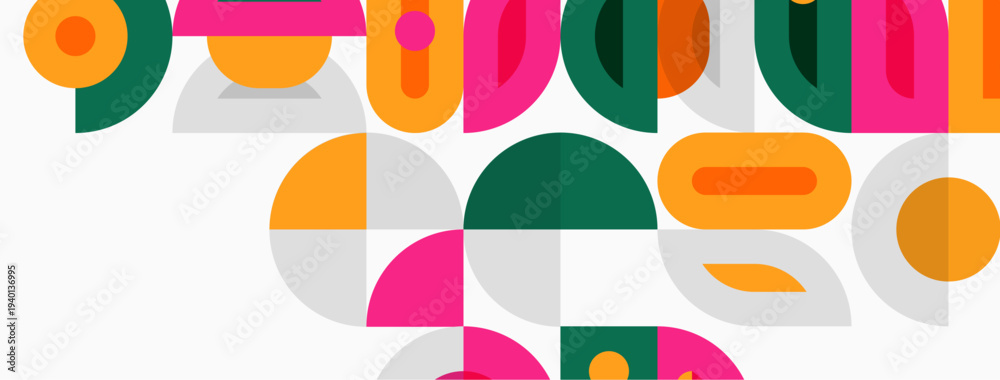 Fototapeta premium Abstract geometric shapes overlap, creating colorful pattern. Circles, rectangles, semicircles form playful composition. Bright hues dominate design.