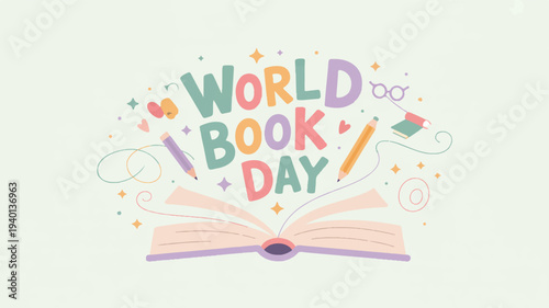 World book day celebration with colorful text and open book on light background