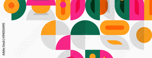 Abstract geometric shapes overlap, creating colorful pattern. Circles, rectangles, semicircles form playful composition. Bright hues dominate design.