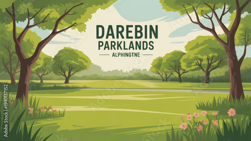 Serene landscape of darebin parklands with lush greenery and vibrant flowers under a sunny sky