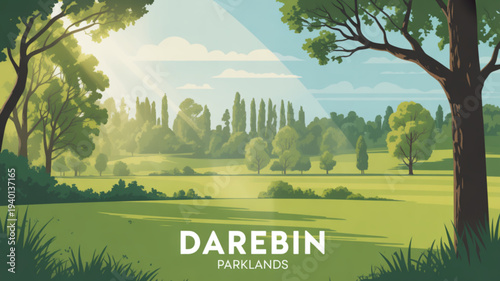 Serene landscape with lush green trees and grassy field under sunny blue sky