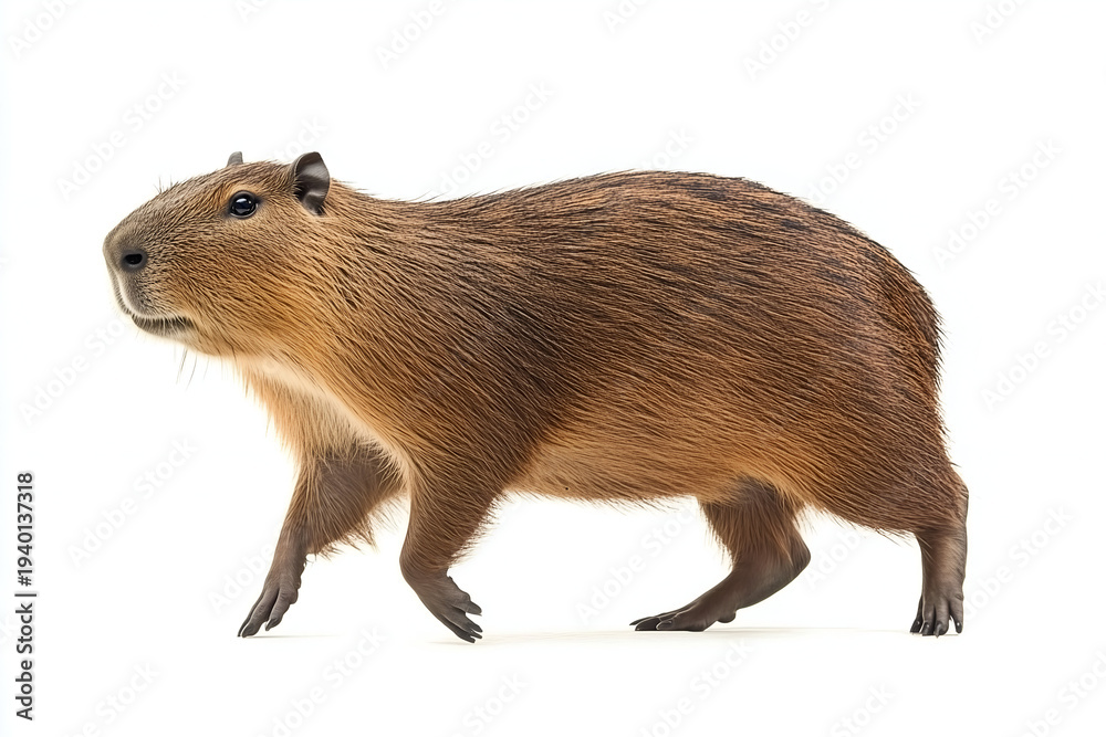 Fototapeta premium Capybara walking in side profile view isolated on pure white background