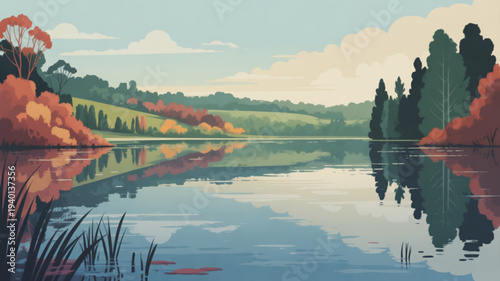 Serene lake landscape with vibrant autumn foliage reflecting on calm water surface under blue sky