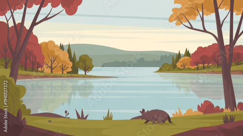 Serene lake landscape with beaver in autumn scenery vibrant trees and calm water reflection peaceful atmosphere