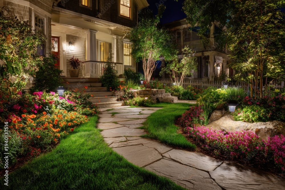 Fototapeta premium A vibrant garden pathway adorned with colorful flowers and twinkling lights beautifully illuminates the night near a charming house in a peaceful suburban neighborhood.