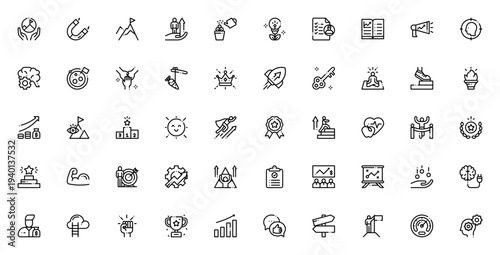 Motivation icon set. Vector illustration pack. Includes symbols for success, goal, trophy, growth, power, win, star, career and more. Editable stroke.