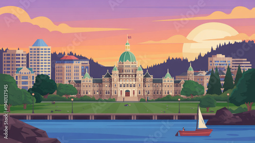Government building complex with green dome and modern skyscrapers at sunset with sailboat on waterfront
