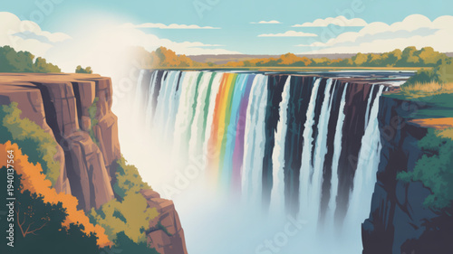 Vibrant rainbow appears in misty waterfall cascading down rocky cliffs surrounded by lush greenery and autumn foliage under blue sky