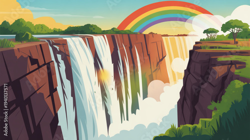 Vibrant rainbow over majestic waterfall with lush greenery and misty atmosphere in natural landscape