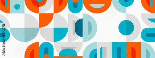Abstract pattern features overlapping circles, semicircles. Orange, teal, gray hues create modern aesthetic. Simple shapes repeat across white background.