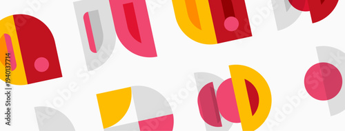Abstract geometric shapes repeat. Red, yellow, gray, pink hues create playful pattern. Minimalist design evokes modern aesthetic.