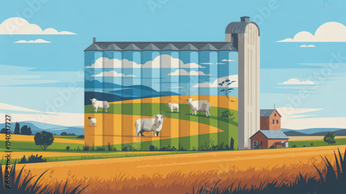 Vibrant farm scene with silo mural of sheep on green hills under blue sky with fluffy clouds and rustic barn