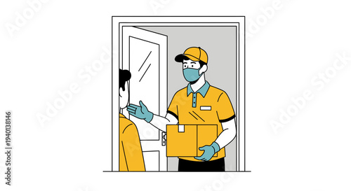 Delivery man in mask and gloves hands package to customer at door, contactless delivery