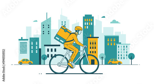 Delivery cyclist with yellow backpack on city street, urban delivery service concept
