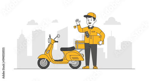 Delivery man with scooter and package in city, fast delivery service concept