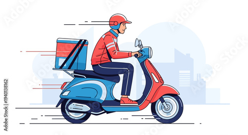 Delivery man on scooter with thermal bag, fast food delivery, city background, motion blur