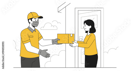 Delivery person in mask hands package to woman at door, contactless delivery concept