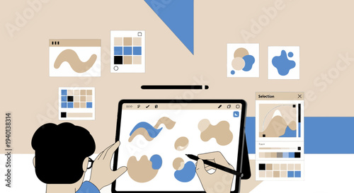 Digital Artist Designing Abstract Shapes on Tablet, Creative Workflow