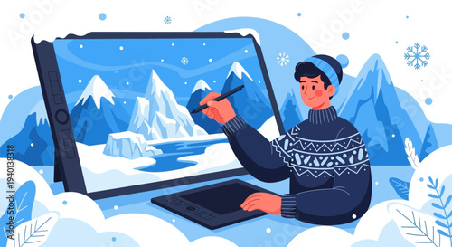 Digital artist creating winter landscape on tablet, snow, mountains, creative hobby