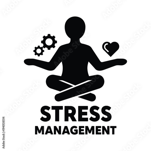 A silhouetted figure meditates in a lotus position balancing gears and a heart symbolizing stress management and emotional wellbeing high quality professional detailed modern