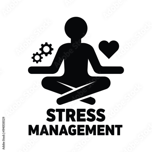 A silhouetted figure meditates in a lotus position with gears and a heart representing balance and stress management concepts high quality professional detailed modern