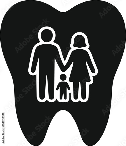 Family dental care icon for pediatric and community dentistry. Black tooth silhouette featuring a family unit symbol for World Oral Health Day and clinic branding.