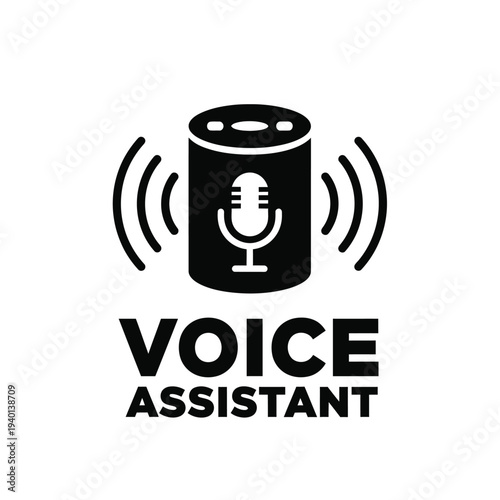 A black and white graphic depicts a smart speaker with sound waves emanating outwards accompanied by the text voice assistant high quality professional detailed