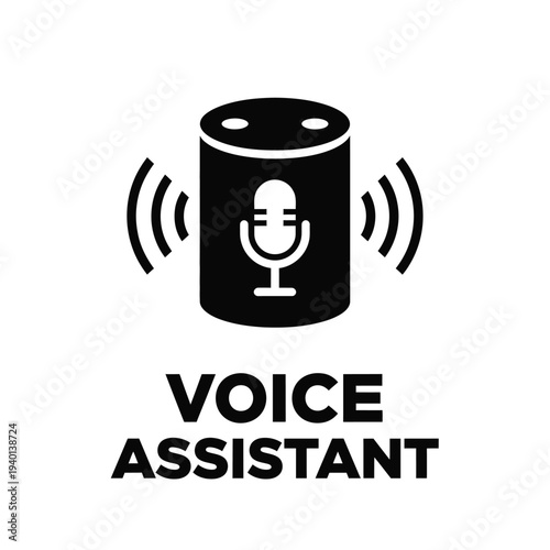 A black silhouette of a smart speaker with sound waves emanating from it accompanied by the text voice assistant below high quality professional detailed