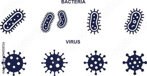 Set of 7 microbiology icons vector, bacteria and virus