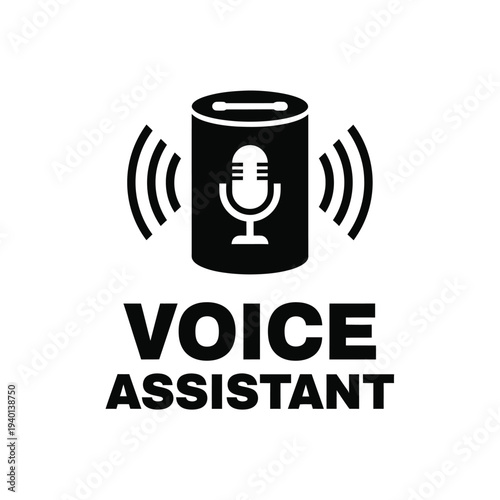 A graphic depiction showcases a black smart speaker with radiating sound waves and the prominent text voice assistant below high quality professional detailed modern