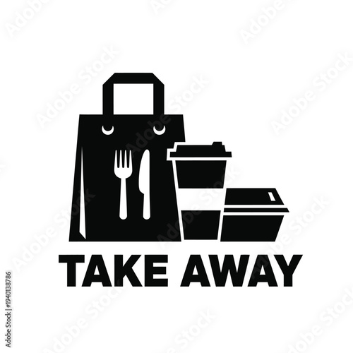 A black silhouette depicts a shopping bag containing food items alongside a beverage and container with text high quality professional detailed modern elegant stylish