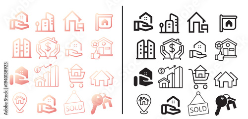 real estate property line icon set vector illustration, house home mortgage investment symbols gradient and  line icon set