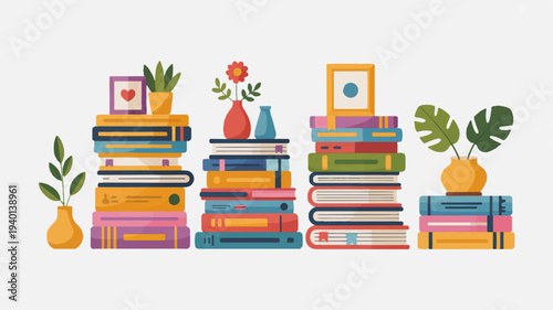 Colorful stacks of books with decorative vases and picture frames on a white background creating a vibrant and organized bookshelf display