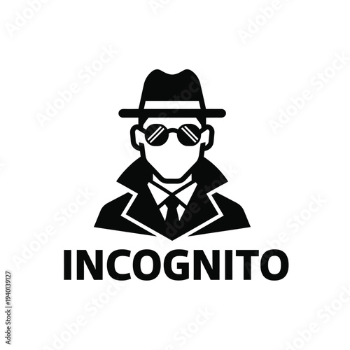 A stark black and white illustration depicts a mysterious figure wearing a fedora sunglasses and a coat with the word incognito below high quality