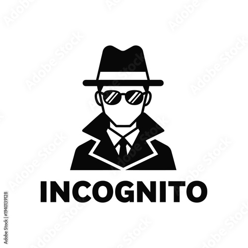 A stark black and white graphic depicts a figure in a fedora and sunglasses labeled incognito below the portrait high quality professional detailed modern elegant stylish