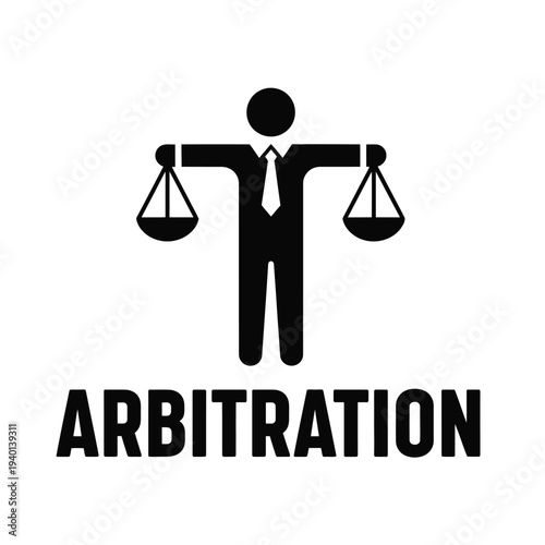 A black silhouette of a person holding balanced scales represents arbitration with the word arbitration prominently displayed below high quality professional detailed modern elegant