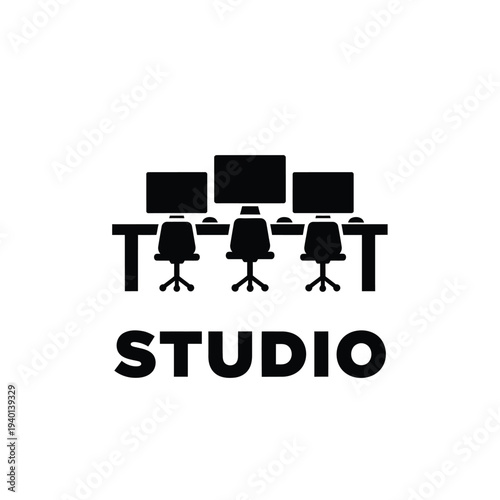 A simple black and white graphic depicts three office chairs positioned in front of computer monitors labeled studio high quality professional detailed modern elegant