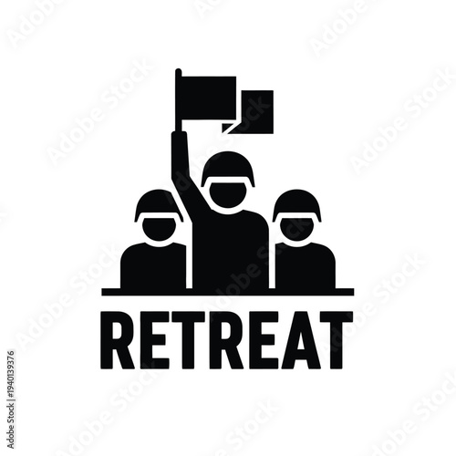 A stark black silhouette depicts three figures one raising a flag above the word retreat in bold lettering high quality professional detailed modern elegant