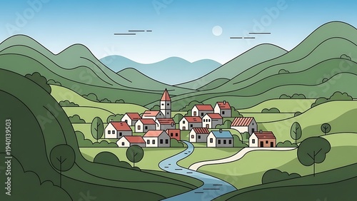 Illustration of a rural village landscape.