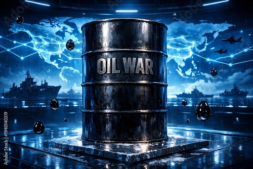 Wallpaper Mural Oil barrel with 'oil war' on a platform surrounded by ships and lightning Torontodigital.ca