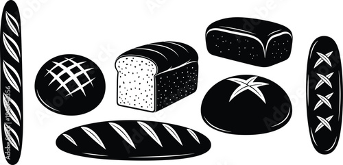 Set of bakery bread icons and silhouettes including baguette loaf sourdough and rye bread elements for food and kitchen design