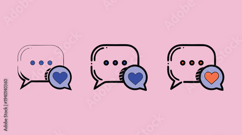 Three speech bubbles with varying stages of a heart icon appearing within them, symbolizing communication, feedback, and engagement on a pastel blue background